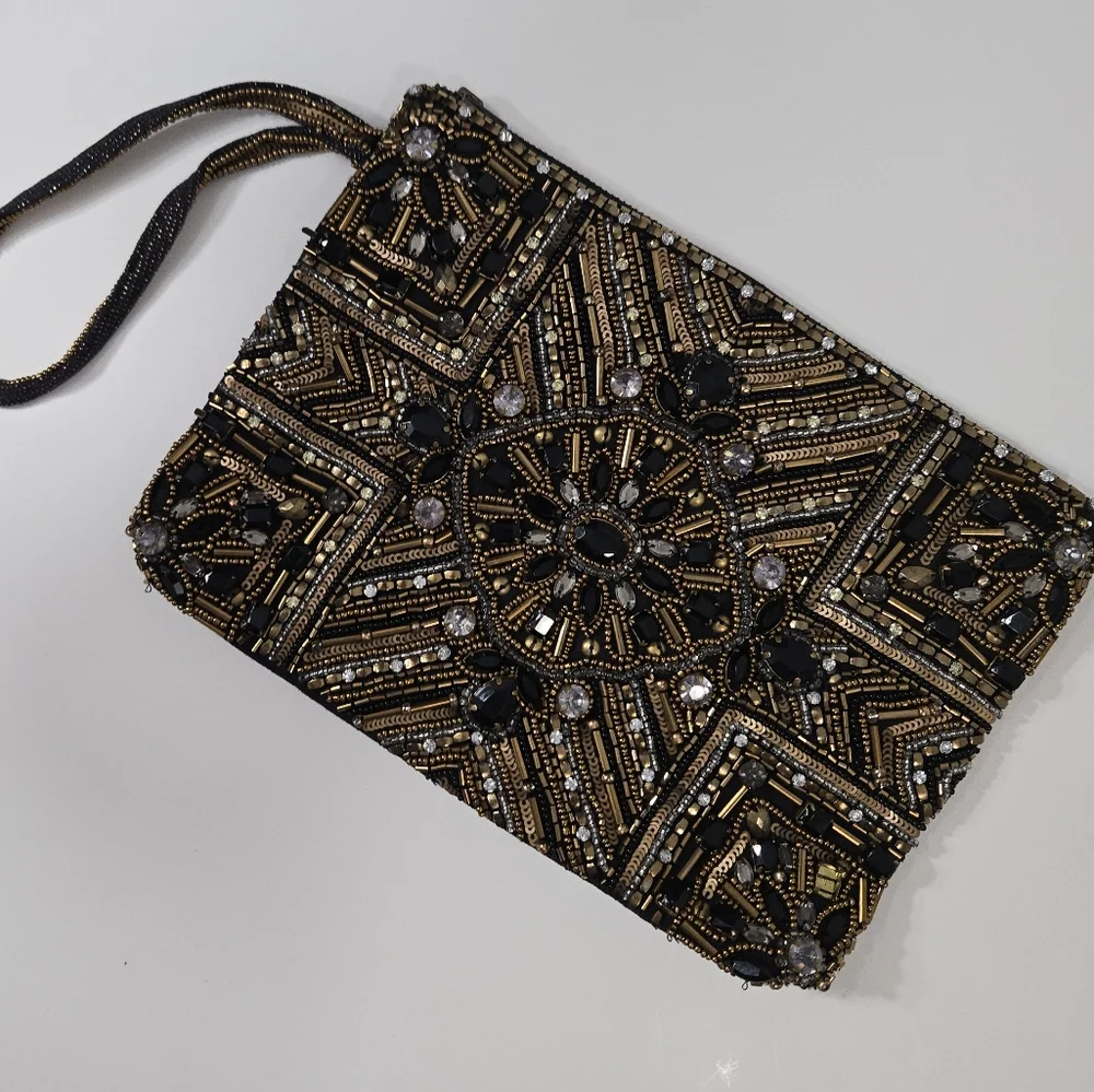 Chico's Black and Gold Beaded Wristlet Clutch